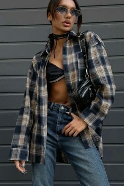 Y2K Retro Plaid Loose Street Shirt for Women - Coquette Aesthetic Grunge Style