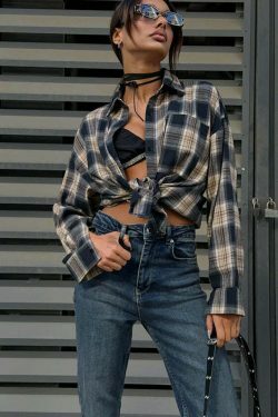 Y2K Retro Plaid Loose Street Shirt for Women - Coquette Aesthetic Grunge Style