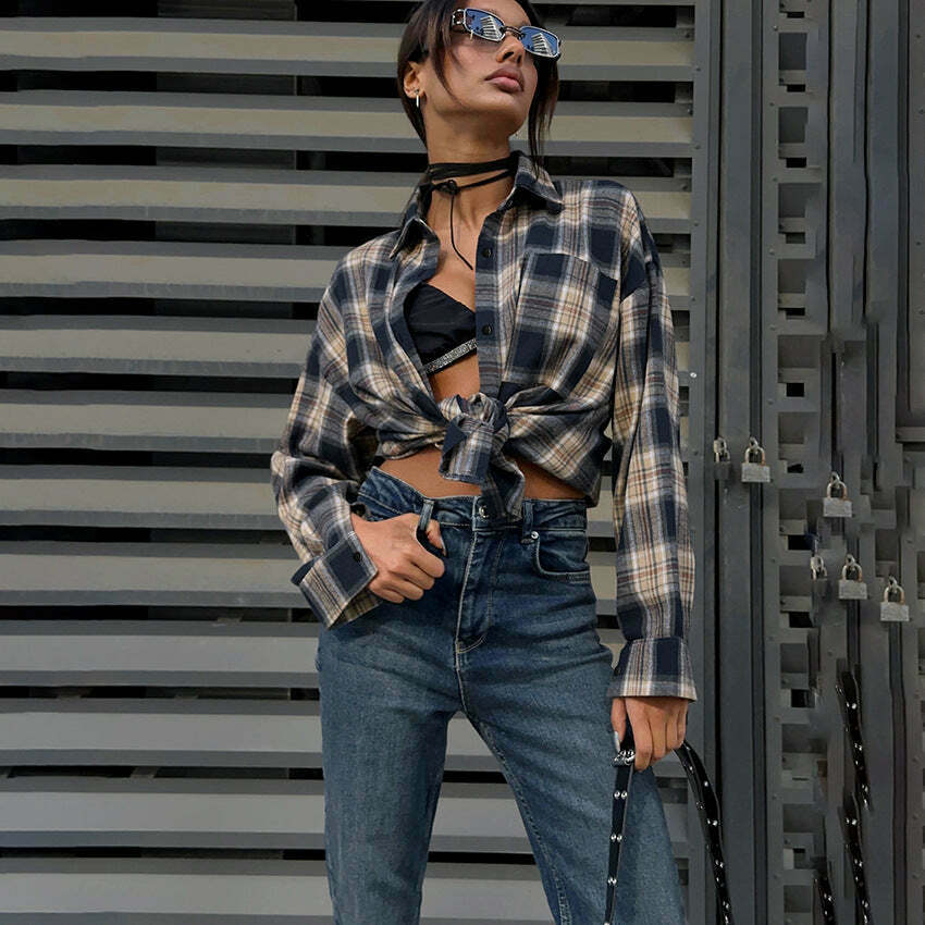 Y2K Retro Plaid Loose Street Shirt for Women - Coquette Aesthetic Grunge Style Y2K Retro Plaid Loose Street Shirt for Women - Coquette Aesthetic Grunge Style
