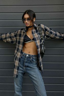 Y2K Retro Plaid Loose Street Shirt for Women - Coquette Aesthetic Grunge Style