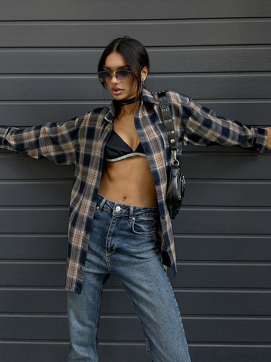 Y2K Retro Plaid Loose Street Shirt for Women - Coquette Aesthetic Grunge Style Y2K Retro Plaid Loose Street Shirt for Women - Coquette Aesthetic Grunge Style