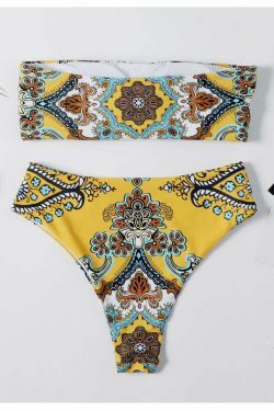 Y2K Retro Print Bandeau Bikini Set - Vintage-inspired Swimwear for Women