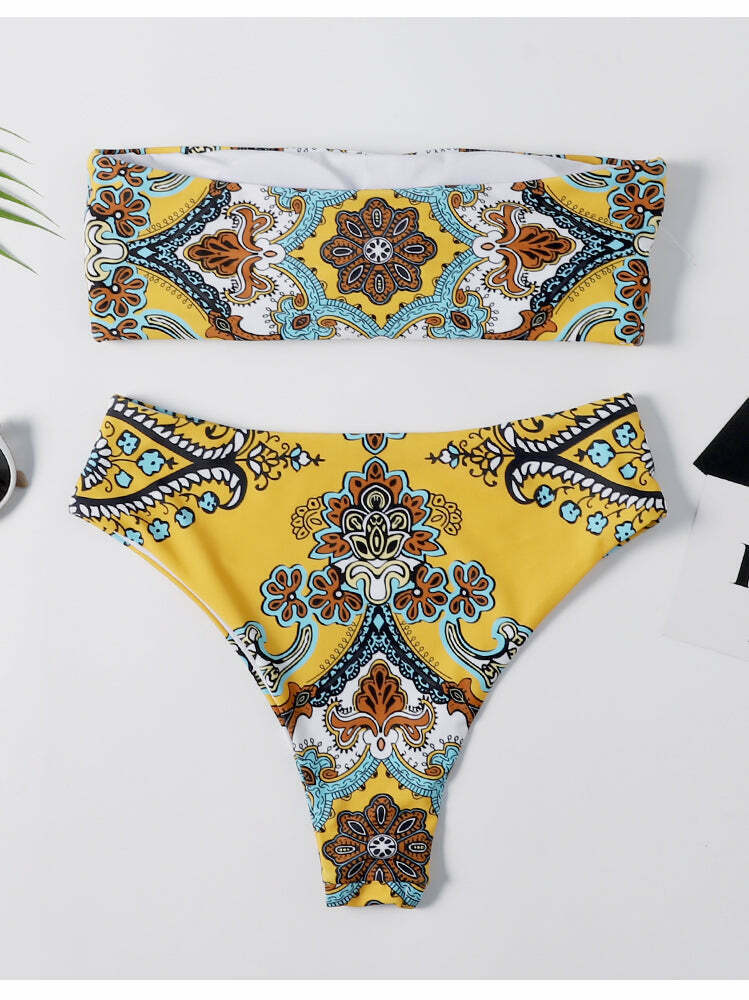 Y2K Retro Print Bandeau Bikini Set - Vintage-inspired Swimwear for Women Y2K Retro Print Bandeau Bikini Set - Vintage-inspired Swimwear for Women