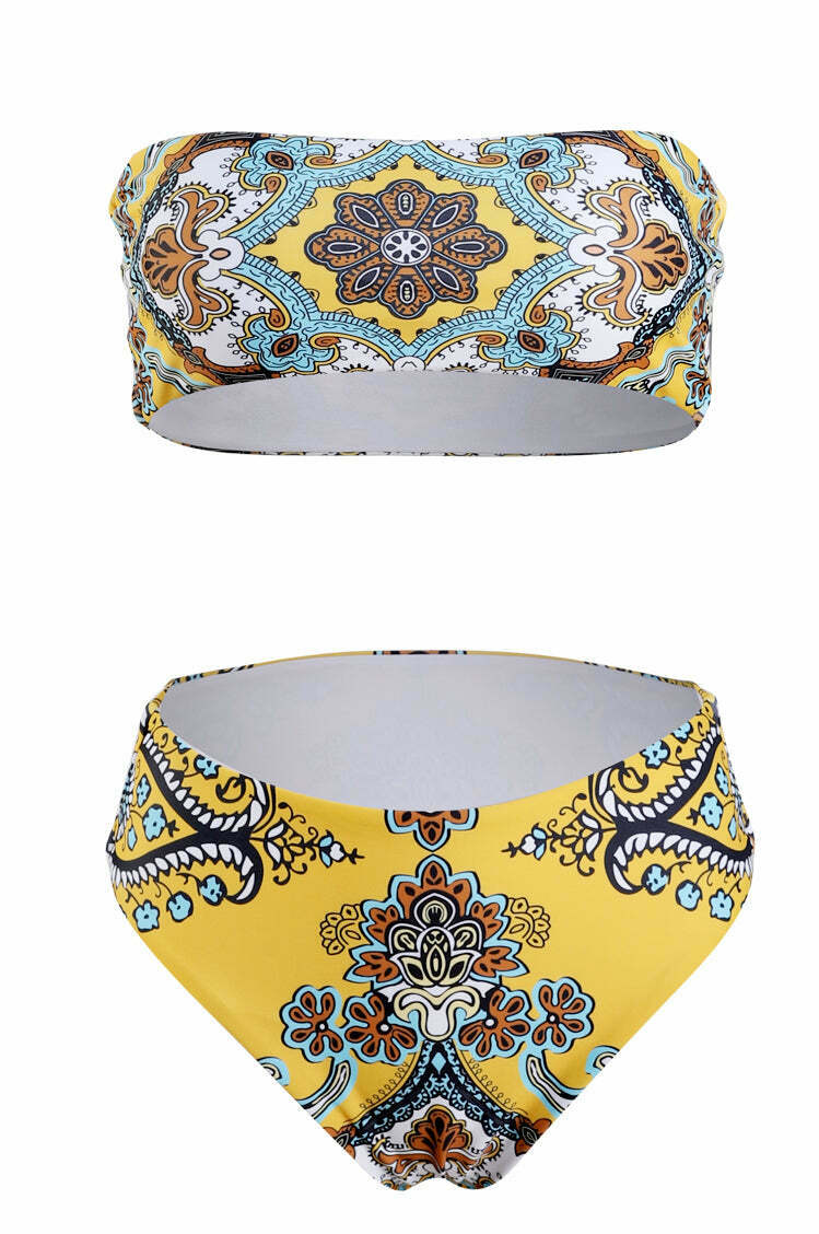 Y2K Retro Print Bandeau Bikini Set - Vintage-inspired Swimwear for Women Y2K Retro Print Bandeau Bikini Set - Vintage-inspired Swimwear for Women