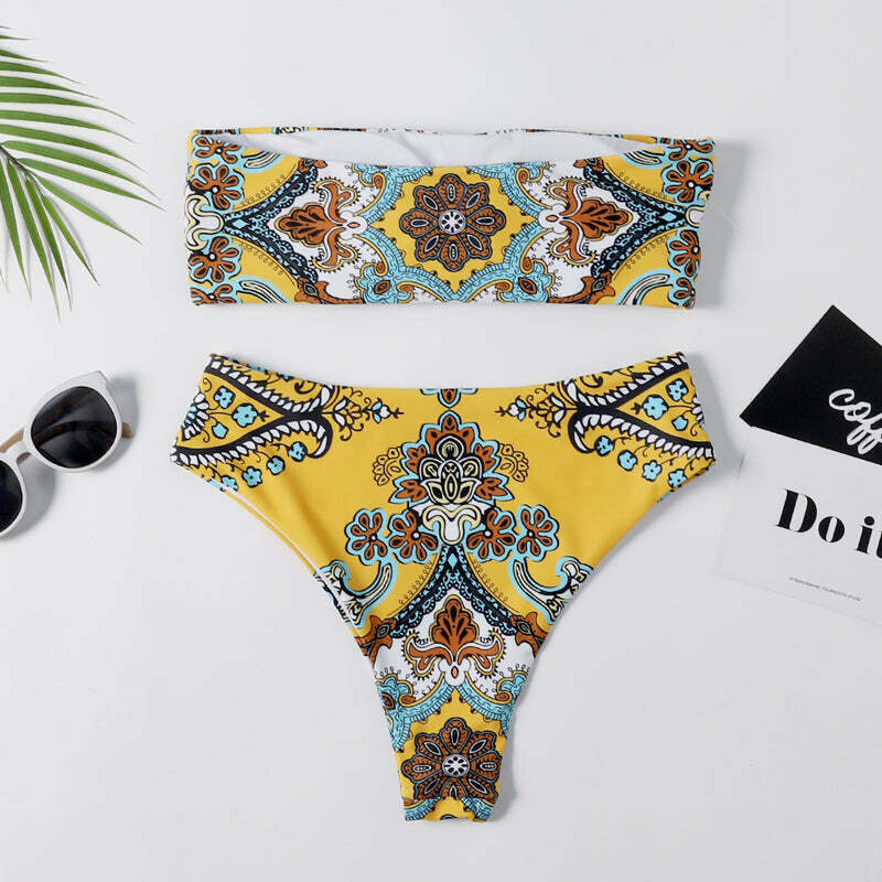 Y2K Retro Print Bandeau Bikini Set - Vintage-inspired Swimwear for Women Y2K Retro Print Bandeau Bikini Set - Vintage-inspired Swimwear for Women