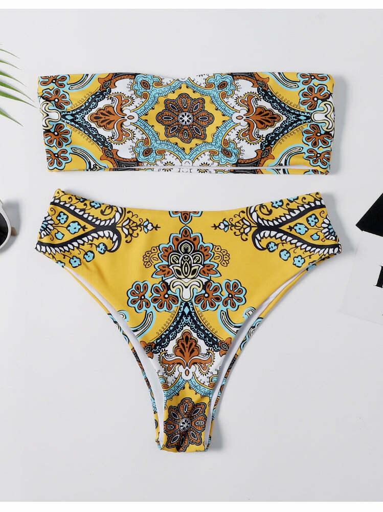 Y2K Retro Print Bandeau Bikini Set - Vintage-inspired Swimwear for Women Y2K Retro Print Bandeau Bikini Set - Vintage-inspired Swimwear for Women
