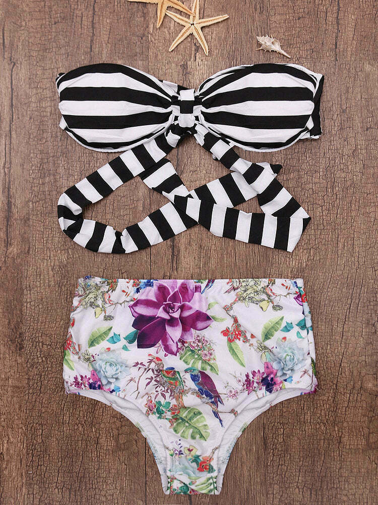 Y2K Retro Striped Halter Bikini Set - Coquette Aesthetic Swimwear for Women Y2K Retro Striped Halter Bikini Set - Coquette Aesthetic Swimwear for Women