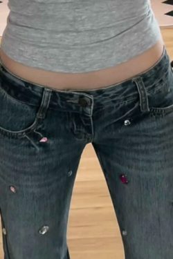 Y2K Rhinestone Low Rise Boyfriend Jeans - Vintage Aesthetic Denim for Women