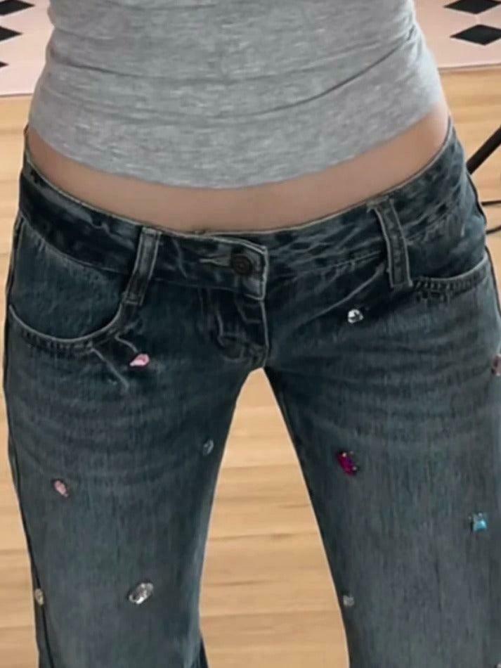 Y2K Rhinestone Low Rise Boyfriend Jeans - Vintage Aesthetic Denim for Women Y2K Rhinestone Low Rise Boyfriend Jeans - Vintage Aesthetic Denim for Women