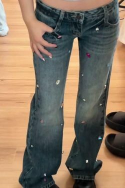 Y2K Rhinestone Low Rise Boyfriend Jeans - Vintage Aesthetic Denim for Women