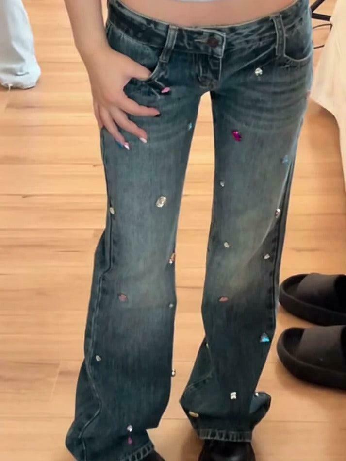 Y2K Rhinestone Low Rise Boyfriend Jeans - Vintage Aesthetic Denim for Women Y2K Rhinestone Low Rise Boyfriend Jeans - Vintage Aesthetic Denim for Women