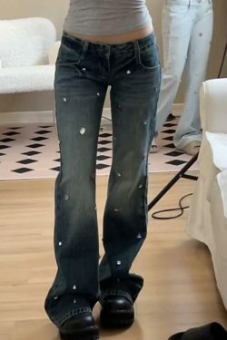 Y2K Rhinestone Low Rise Boyfriend Jeans - Vintage Aesthetic Denim for Women