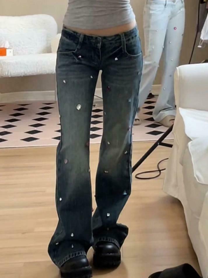 Y2K Rhinestone Low Rise Boyfriend Jeans - Vintage Aesthetic Denim for Women Y2K Rhinestone Low Rise Boyfriend Jeans - Vintage Aesthetic Denim for Women
