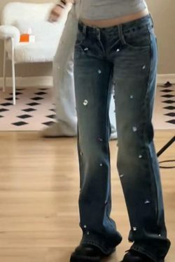 Y2K Rhinestone Low Rise Boyfriend Jeans - Vintage Aesthetic Denim for Women