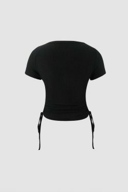 Y2K Ribbed Drawstring Crop T-Shirt - Coquette Grunge Aesthetic