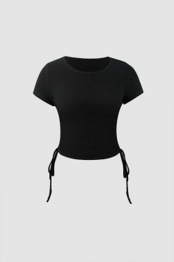 Y2K Ribbed Drawstring Crop T-Shirt - Coquette Grunge Aesthetic