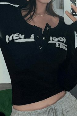 Y2K Ribbed Knit Crop Top in Long Sleeve - Coquette Aesthetic Grunge Style for Women Fashion