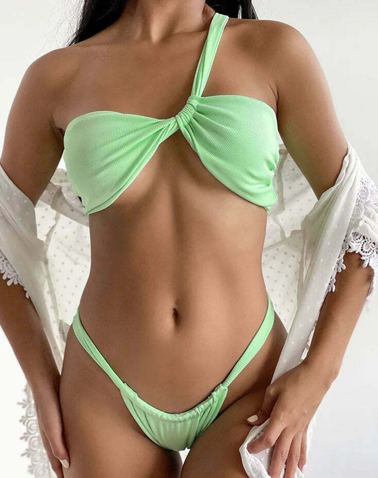 Y2K Ribbed Pit One Shoulder High Waist Bikini - Coquette Aesthetic Swimwear for Women