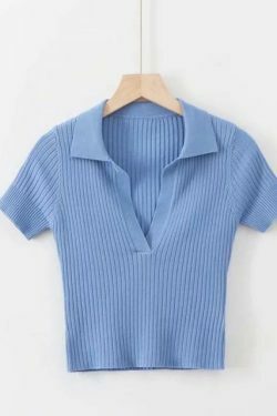 Y2K Ribbed Polo Crop Top - Coquette Aesthetic Grunge Style Cute Tops Pastel Goth Cargo Skirt