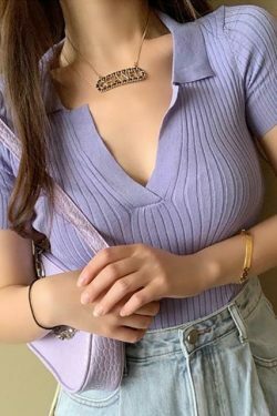 Y2K Ribbed Polo Crop Top - Coquette Aesthetic Grunge Style Cute Tops Pastel Goth Cargo Skirt