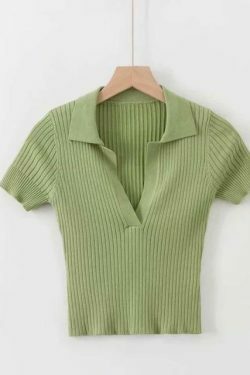 Y2K Ribbed Polo Crop Top - Coquette Aesthetic Grunge Style Cute Tops Pastel Goth Cargo Skirt