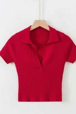 Y2K Ribbed Polo Crop Top - Coquette Aesthetic Grunge Style Cute Tops Pastel Goth Cargo Skirt