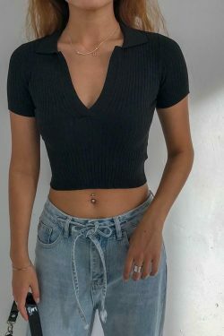Y2K Ribbed Polo Crop Top - Coquette Aesthetic Grunge Style Cute Tops Pastel Goth Cargo Skirt