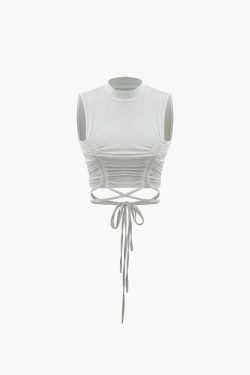 Y2K Ruched Tie Waist Crop Tank Top in Coquette Aesthetic - Grunge Style with Pastel Goth Vibes