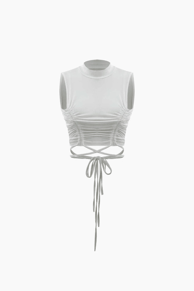 Y2K Ruched Tie Waist Crop Tank Top in Coquette Aesthetic - Grunge Style with Pastel Goth Vibes Y2K Ruched Tie Waist Crop Tank Top in Coquette Aesthetic - Grunge Style with Pastel Goth Vibes