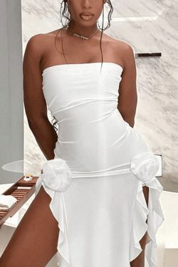 Y2K Ruffle Mesh Bandeau Maxi Dress - Coquette Aesthetic, Grunge Style, Pastel Goth