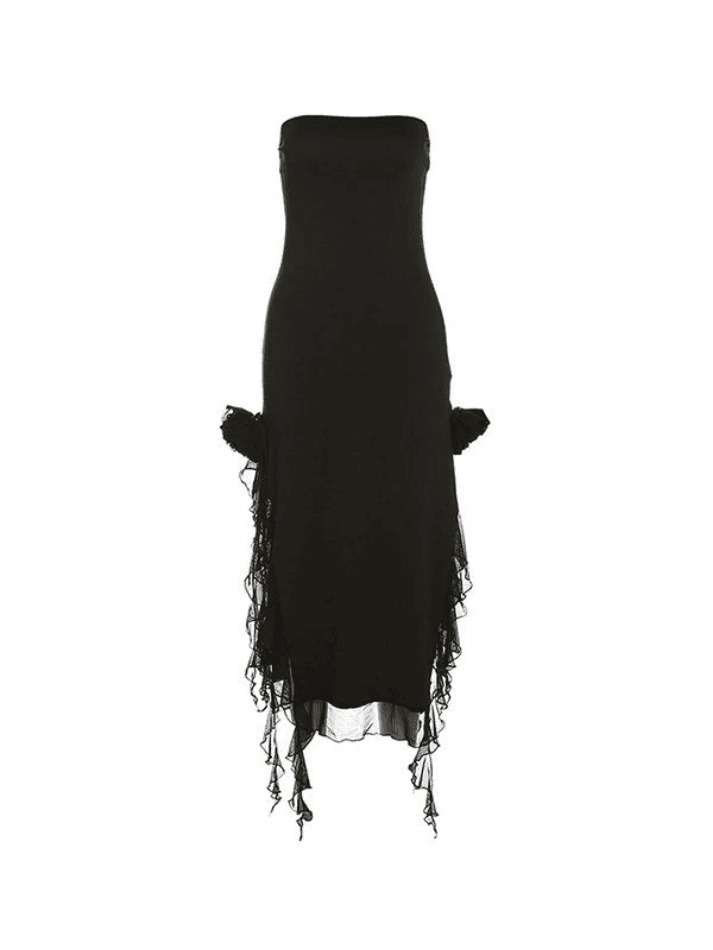 Y2K Ruffle Mesh Bandeau Maxi Dress - Coquette Aesthetic, Grunge Style, Pastel Goth