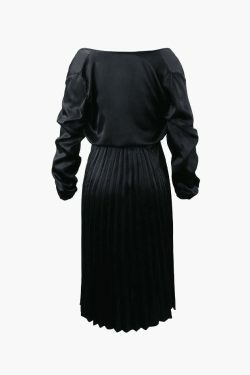 Y2K Satin Pleated Midi Dress: Coquette Aesthetic Off-Shoulder Fashion for Women