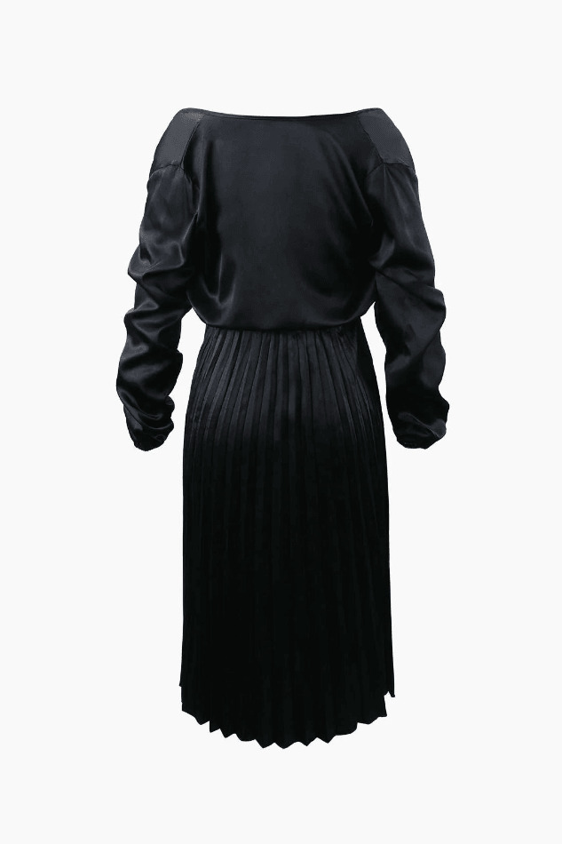 Y2K Satin Pleated Midi Dress: Coquette Aesthetic Off-Shoulder Fashion for Women Y2K Satin Pleated Midi Dress: Coquette Aesthetic Off-Shoulder Fashion for Women