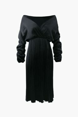 Y2K Satin Pleated Midi Dress: Coquette Aesthetic Off-Shoulder Fashion for Women