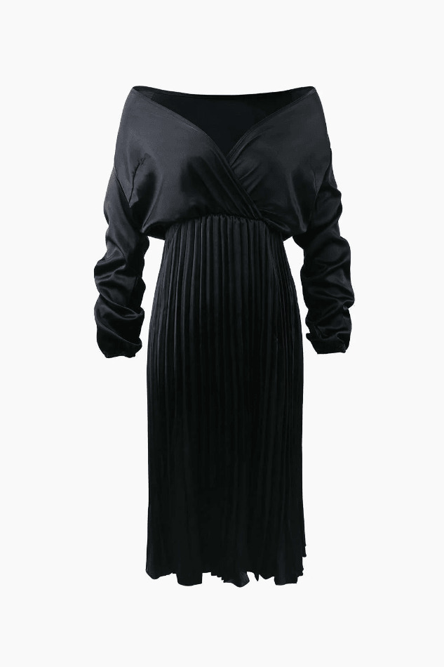 Y2K Satin Pleated Midi Dress: Coquette Aesthetic Off-Shoulder Fashion for Women Y2K Satin Pleated Midi Dress: Coquette Aesthetic Off-Shoulder Fashion for Women