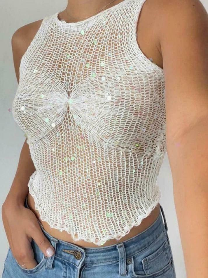 Y2K Sequin Cutout Knit Tank Top for Women: Coquette Aesthetic with a Touch of Grunge Style
