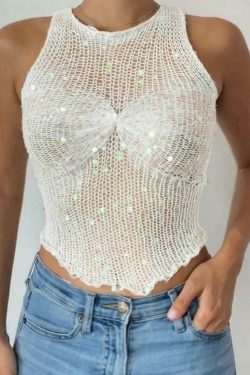 Y2K Sequin Cutout Knit Tank Top for Women: Coquette Aesthetic with a Touch of Grunge Style