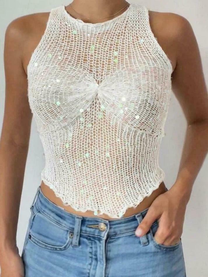 Y2K Sequin Cutout Knit Tank Top for Women: Coquette Aesthetic with a Touch of Grunge Style