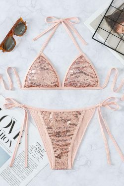 Y2K Sequin Strap Bikini - Sexy Solid Color Swimsuit for Women