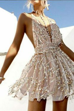 Y2K Sequin Suspender Dress: Backless V-neck for Women's Fashion Aesthetic