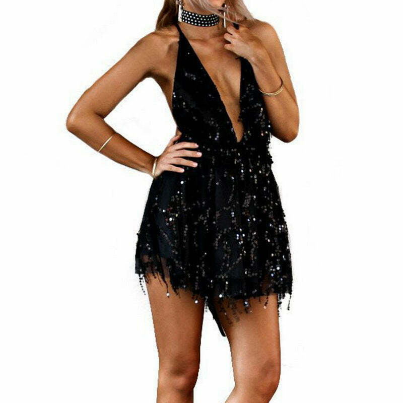 Y2K Sequin Suspender Dress: Backless V-neck for Women's Fashion Aesthetic