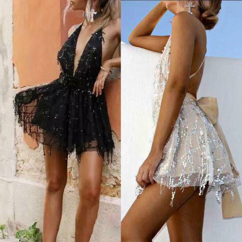 Y2K Sequin Suspender Dress: Backless V-neck for Women's Fashion Aesthetic