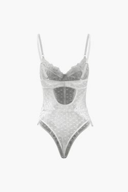 Y2K Sheer Heart Lace Bodysuit - Coquette Aesthetic Grunge Style - Cute Tops & Cargo Skirt