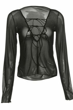 Y2K Sheer Mesh Lace-Up Blouse - Coquette Aesthetic Grunge Style Fashion Top