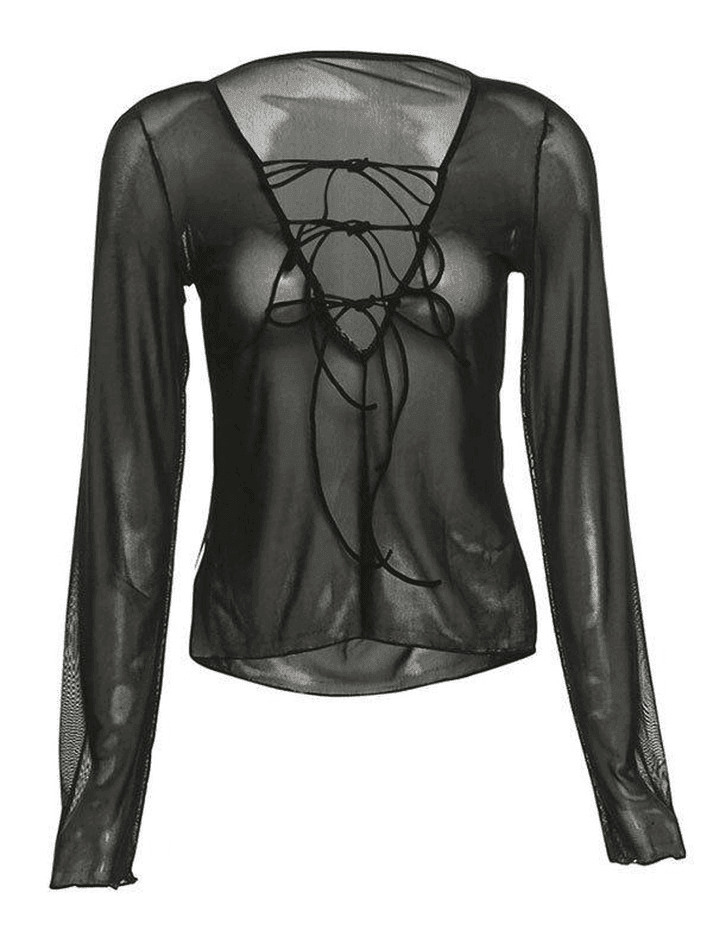 Y2K Sheer Mesh Lace-Up Blouse - Coquette Aesthetic Grunge Style Fashion Top Y2K Sheer Mesh Lace-Up Blouse - Coquette Aesthetic Grunge Style Fashion Top