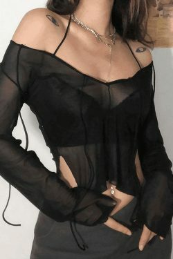 Y2K Sheer Mesh Lace-Up Blouse - Coquette Aesthetic Grunge Style Fashion Top