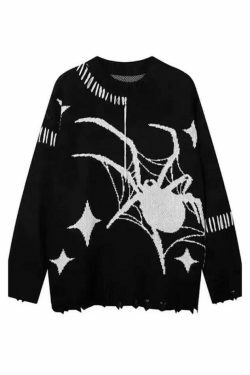 Y2K Spider Jacquard Tattered Hem Sweater - Coquette Aesthetic, Grunge Style, Pastel Goth