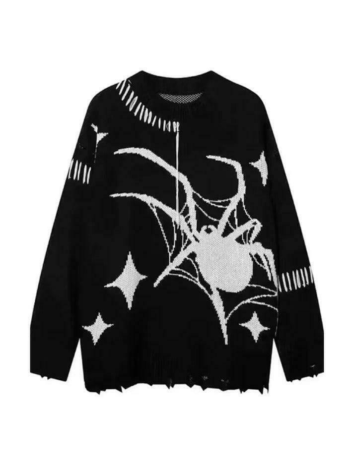 Y2K Spider Jacquard Tattered Hem Sweater - Coquette Aesthetic, Grunge Style, Pastel Goth