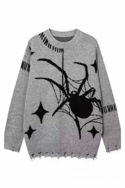 Y2K Spider Jacquard Tattered Hem Sweater - Coquette Aesthetic, Grunge Style, Pastel Goth