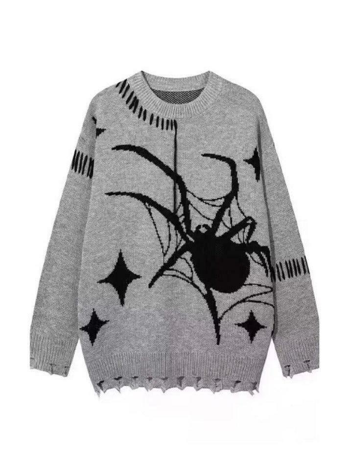 Y2K Spider Jacquard Tattered Hem Sweater - Coquette Aesthetic, Grunge Style, Pastel Goth